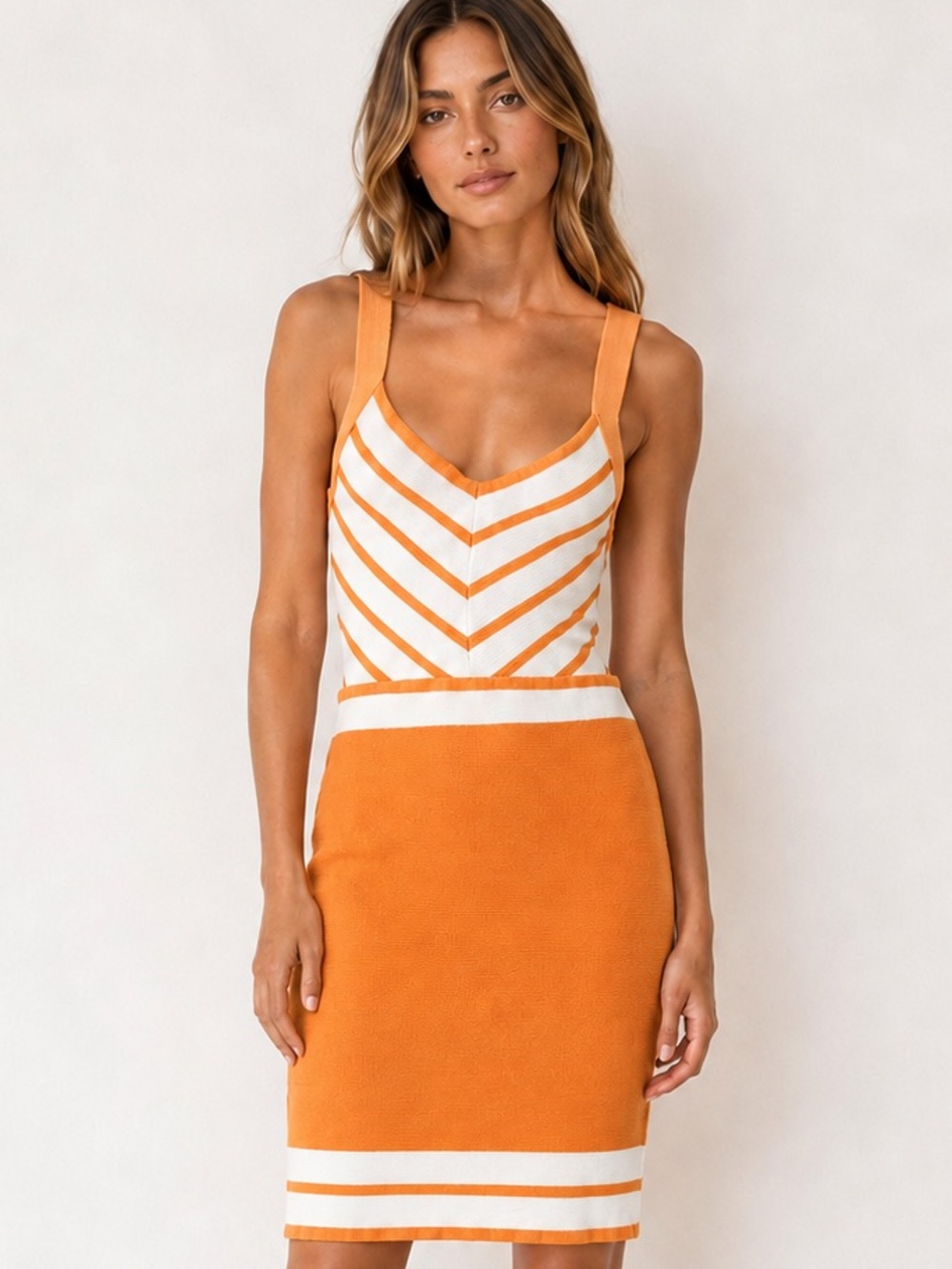 Sigal Bodycon Orange and White Knit Mini Dress Size Small